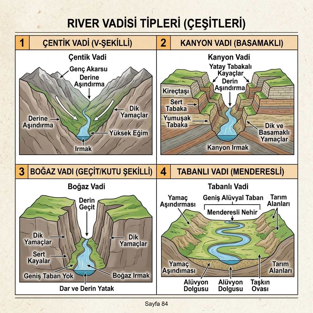 Türkiye Akarsu Vadi Tipleri Şeması - Çentik, Boğaz, Kanyon ve Tabanlı Vadiler - KPSS Coğrafya